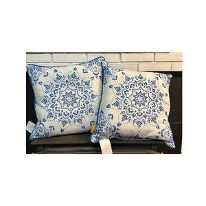 Lillian August Blue White Mandala Floral Throw Pillows Set of 2 Square 14"